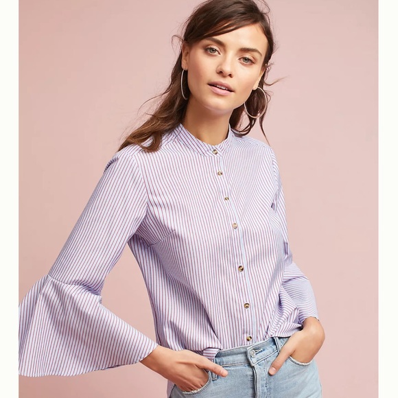 🎉HP🆕 Anthro Maeve Fluted Bell-Sleeve Poplin Top - Picture 2 of 8